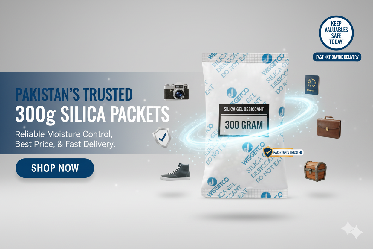 300g silica gel packet ad for Pakistan, showing moisture control and delivery benefits